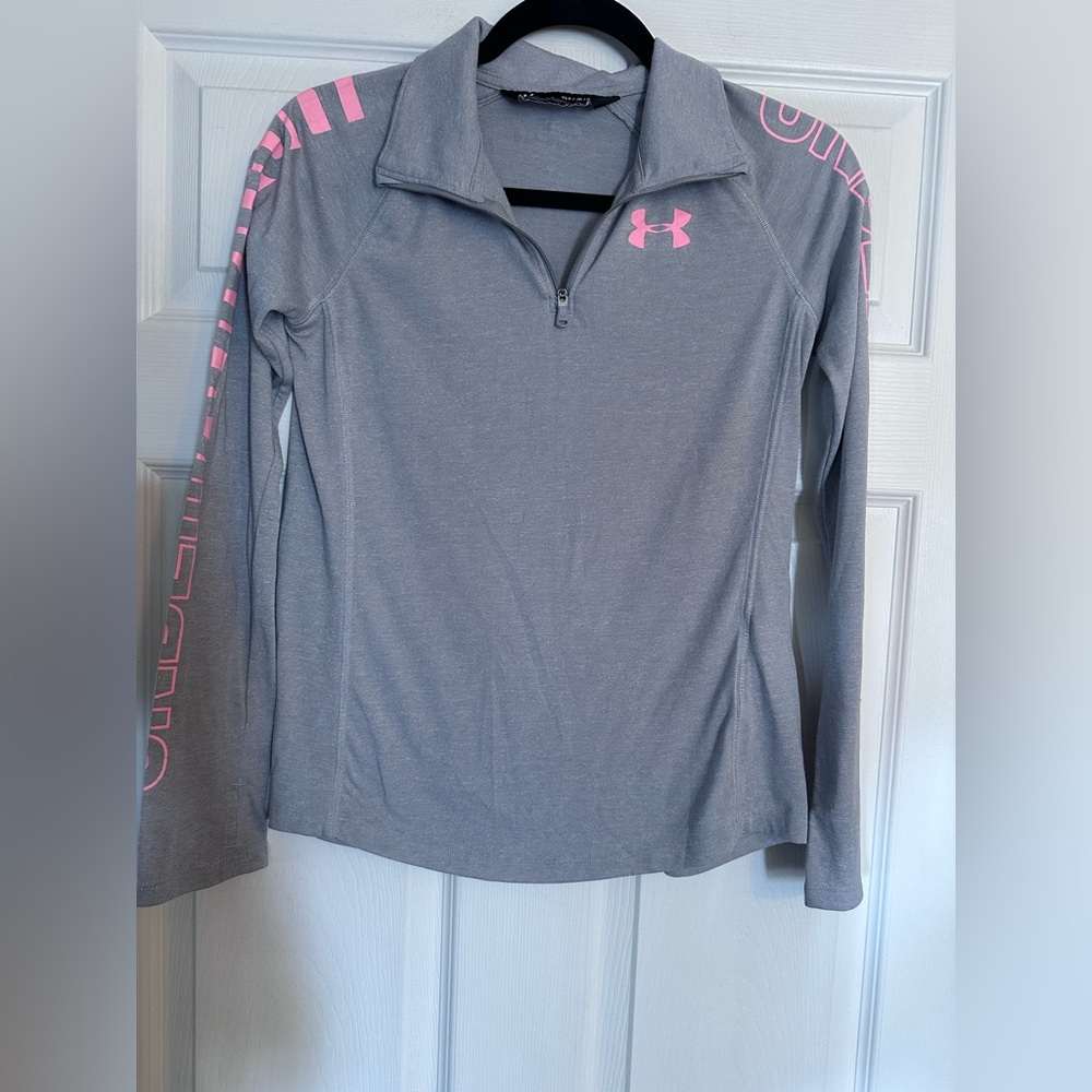 Womens Under Armour Light Gray Quarter-Zip Pullover with Pink Logo Sz YLG Large